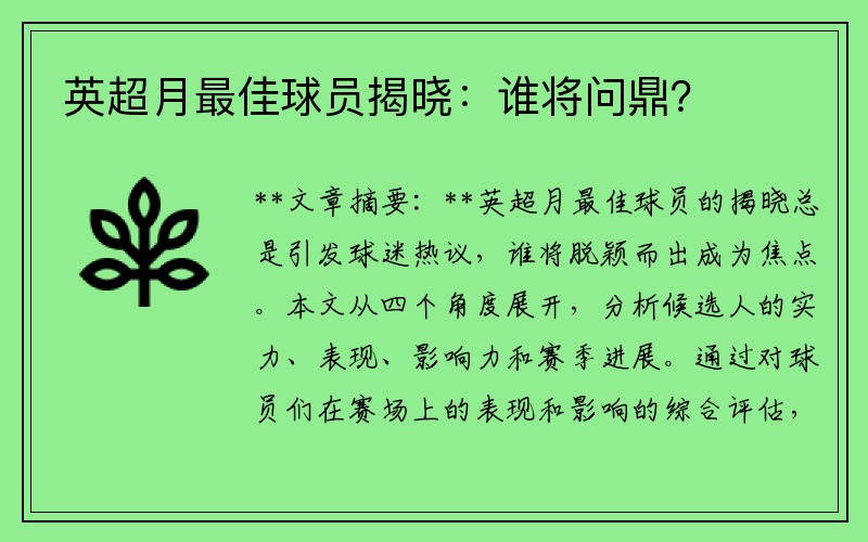英超月最佳球员揭晓：谁将问鼎？